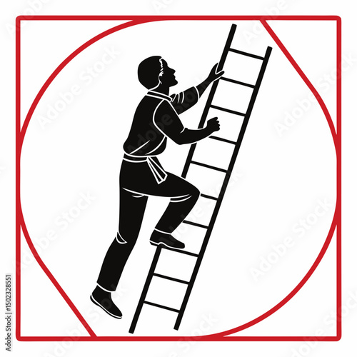 vector icon of a person climbing a ladder, black silhouette, white background, clean and minimalist design
