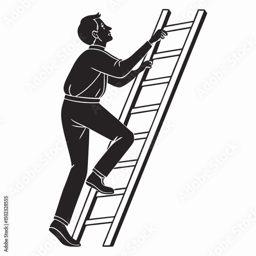 vector icon of a person climbing a ladder, black silhouette, white background, clean and minimalist design