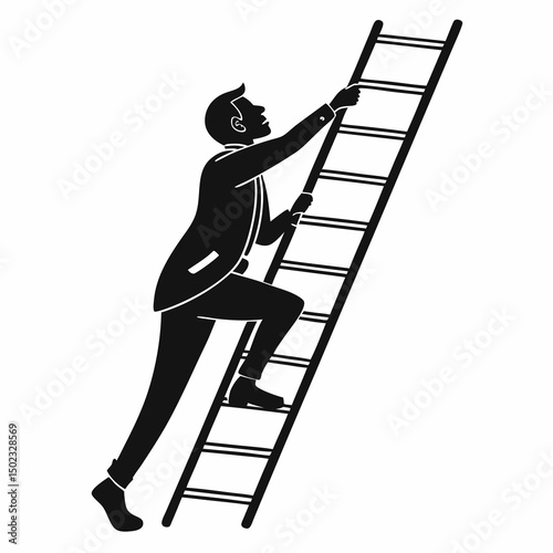 vector icon of a person climbing a ladder, black silhouette, white background, clean and minimalist design