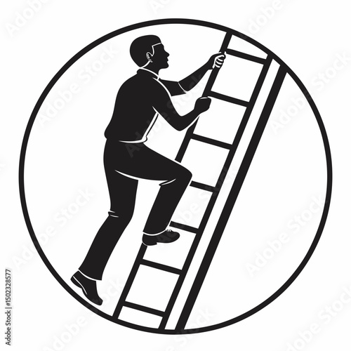 vector icon of a person climbing a ladder, black silhouette, white background, clean and minimalist design