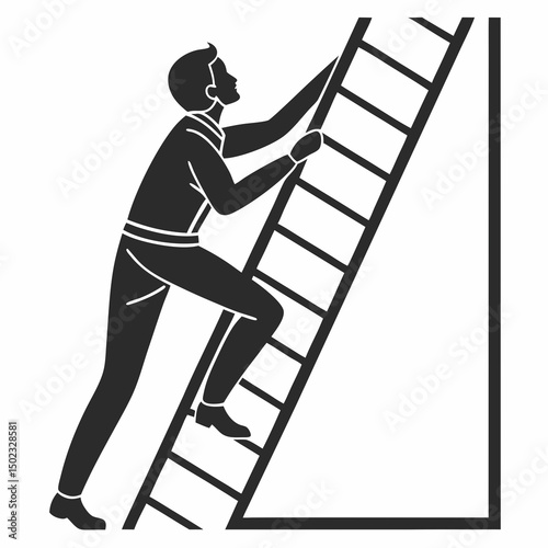 vector icon of a person climbing a ladder, black silhouette, white background, clean and minimalist design