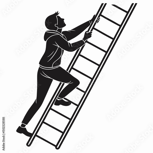 vector icon of a person climbing a ladder, black silhouette, white background, clean and minimalist design