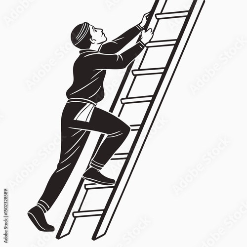 vector icon of a person climbing a ladder, black silhouette, white background, clean and minimalist design