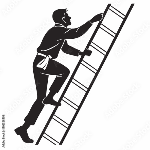 vector icon of a person climbing a ladder, black silhouette, white background, clean and minimalist design