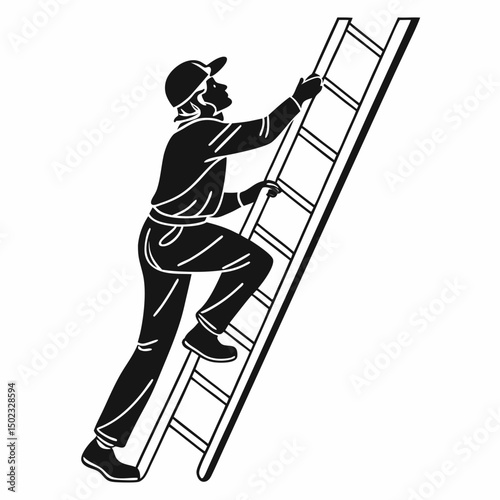 vector icon of a person climbing a ladder, black silhouette, white background, clean and minimalist design