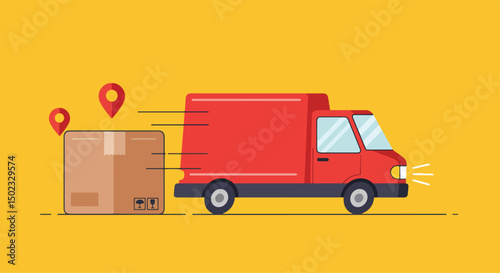 Adobe Illustrator Artwork E-commerce delivery: Flat vector illustration of a yellow delivery truck transporting a package across a world map with location pins. Global shipping and logistics
