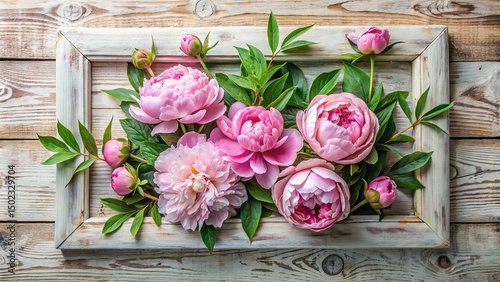 Delicate pink peonies burst with lush petals, surrounded by lush greenery, perfectly framed in a vintage-inspired white wooden frame, evoking spring's gentle beauty.