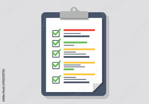 Adobe Illustrator Artwork Clipboard with a checklist and colorful checkmarks in boxes. Simple flat vector illustration for tasks, surveys, and to-do lists. Organization and planning