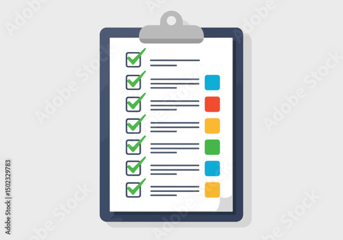 Adobe Illustrator Artwork Clipboard with a checklist and colorful checkmarks in boxes. Simple flat vector illustration for tasks, surveys, and to-do lists. Organization and planning