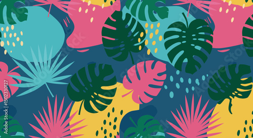 Vibrant tropical pattern with abstract shapes and dark green leaves on a colorful background. Modern design for fabrics, wallpaper, and creative projects