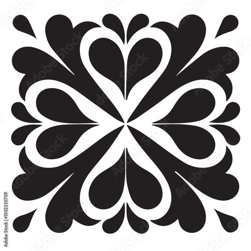 Elegant black and white floral design with intricate petal shapes and heart motifs centered on a square