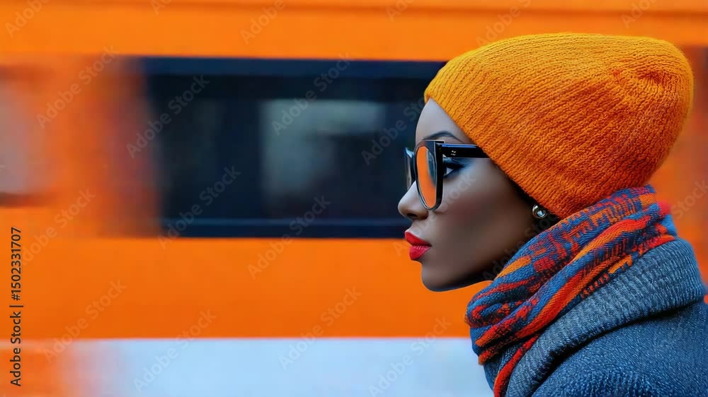 Urban Silhouette: A woman in a fashionable ensemble with an orange hat, chic sunglasses, and a vibrant scarf confidently strides through a dynamic urban scene, with a sense of motion.