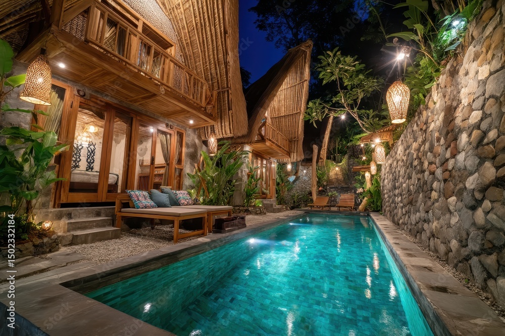 custom made wallpaper toronto digitalNight view of a luxurious, secluded villa with a private pool, nestled amongst lush tropical greenery and illuminated by warm lighting. 