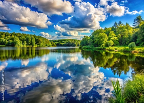 Serene landscape featuring a tranquil lake reflecting the vibrant colors of a cloudy blue sky with lush green forested shores in the distance.