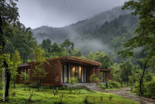 Modern, wood-clad house nestled in a misty, verdant mountain valley; green roof, lattice detail, stone steps