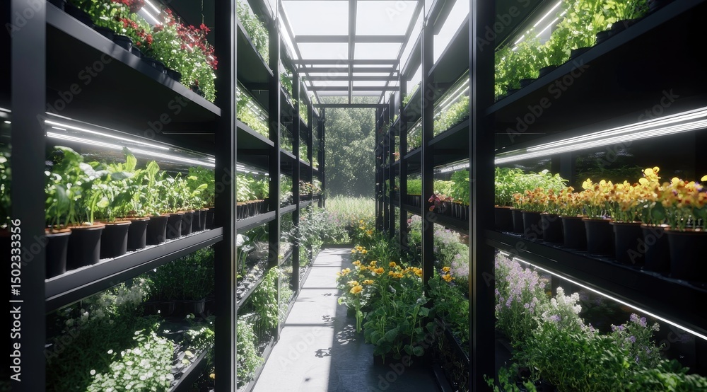 Modern greenhouse interior, plants on shelves Modern greenhouse interior, plants on shelves