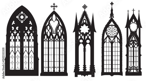 Gothic windows outline set. Silhouette of vintage stained glass church frames , black silhouettes isolated on white background