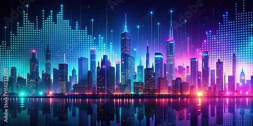 Abstract halftone dotted digital technology background with futuristic night city and neon light effect. Cyberpunk and retrowave design for technology, hi-tech and science concept. Vector illustration