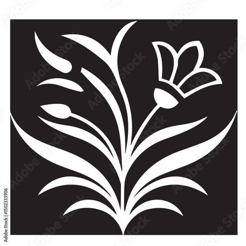 Elegant floral arrangement graphic with white outlined flowers and leaves against a black background