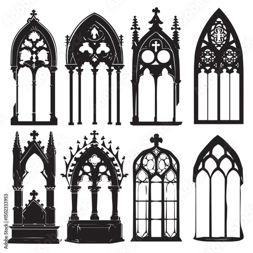 Gothic windows outline set. Silhouette of vintage stained glass church frames , black silhouettes isolated on white background