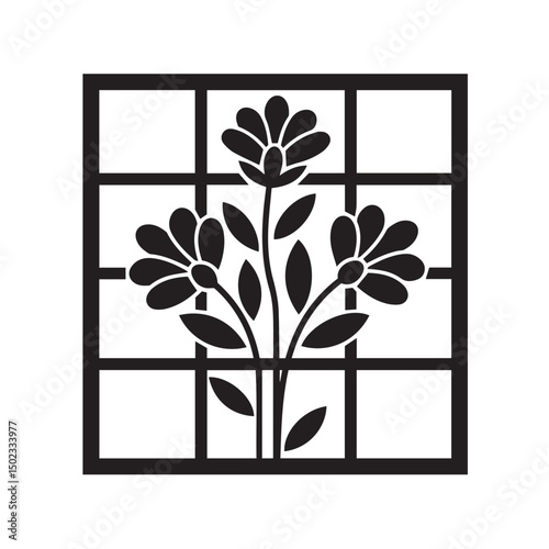 Elegant floral design composed of simple black silhouettes in a squared window frame