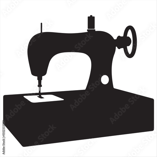 Simple two-dimensional silhouette of a classic sewing machine, rendered in black and white using a modern flat design vector style.  Timeless, elegant aesthetic against a white background