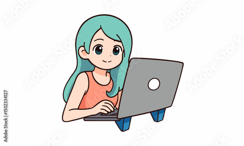 cute woman at his desk is working on the laptop computer cartoon illustration