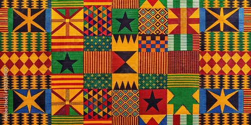 Vibrant colors of kente cloth, African patterns, and stars on a stylized Juneteenth background, symbolizing freedom, liberation, and cultural heritage celebration.