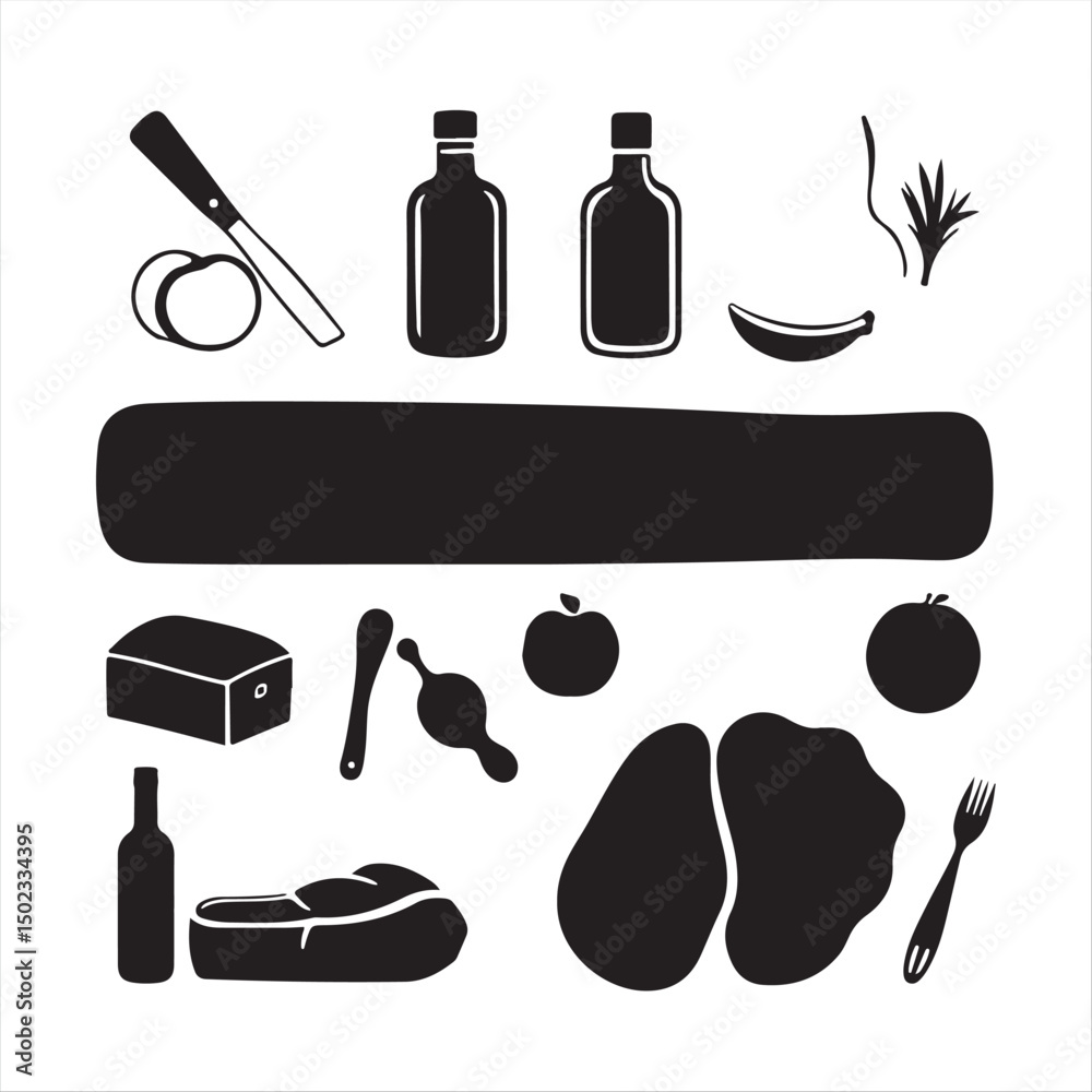 Fototapeta premium Timeless and elegant chopped board set, illustrated as simple two-dimensional black and white silhouettes. Modern flat design aesthetic and classic vector style on a white background