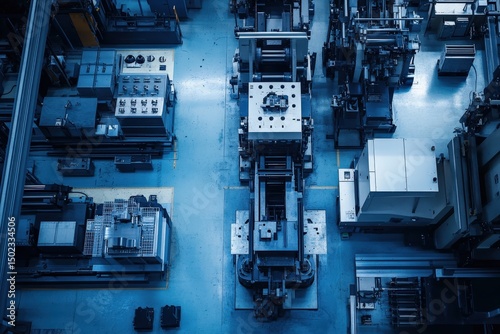 Aerial view of modern industrial manufacturing equipment and tools in a factory setting