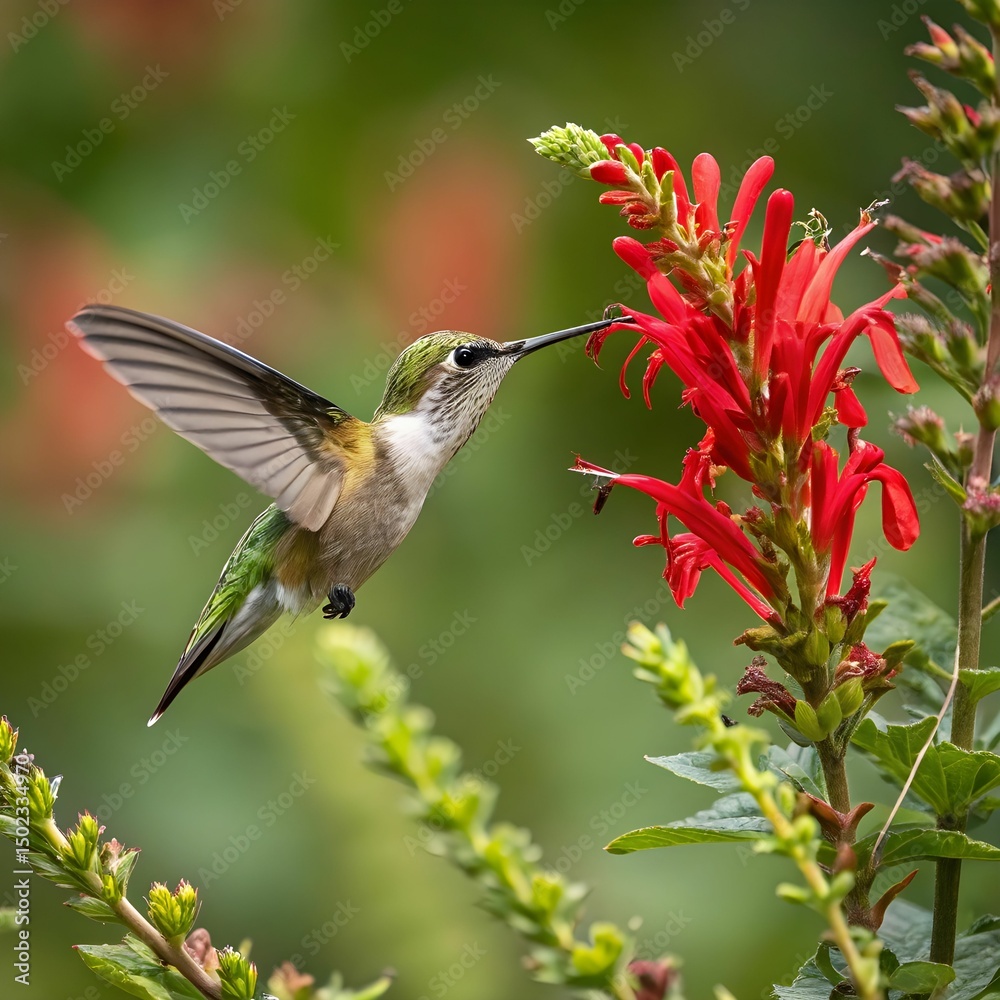 Fototapeta premium A Hummingbird Drinking Nectar From A Vivid Red Flowers.