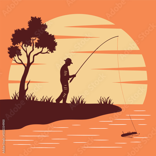 Wallpaper Mural Fisherman silhouette, Fisher with fishing rod and hooked fish isolated vector illustration Torontodigital.ca