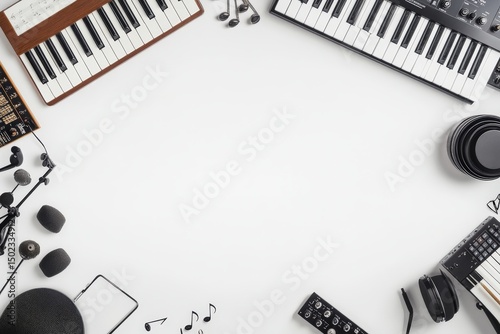 Musical instruments and equipment arranged on a white surface for creative projects