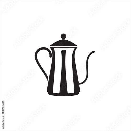 Vector logo a minimalist silhouette of a pouring kettle in black and white on a white background. Geometric shapes, clean lines, balanced composition, and symmetry define its elegance