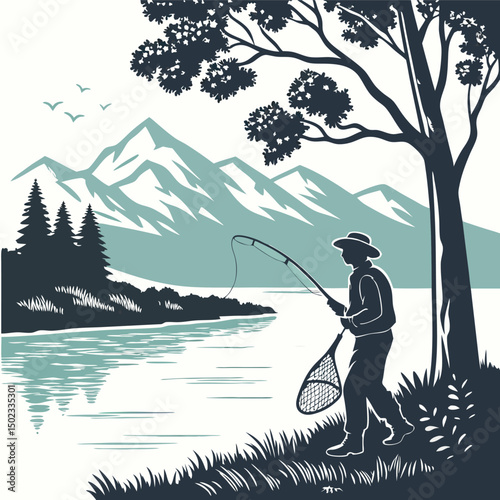 A fisherman with a catch of fish. Fish on a hook. Fisherman in gear with fishing rod silhouette
