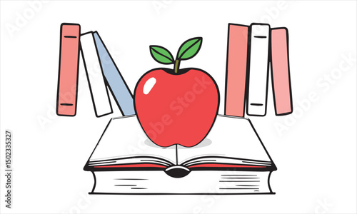 Books and an apple isolated on white or transparent background