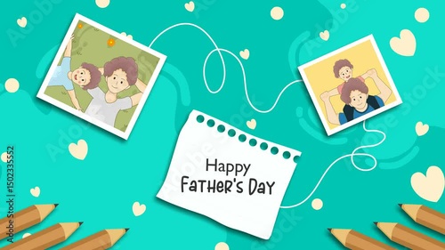 Animated 4K Father's Day video featuring cute hand-drawn style photos, hearts, pencils, and a paper note. A heartfelt tribute celebrating the bond between father and child in a playful design.