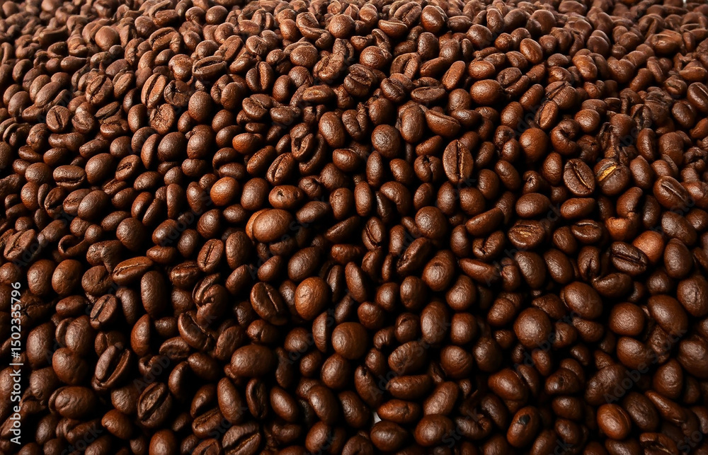 Fototapeta premium Coffee beans Pattern, Close-up view of rich, dark roasted coffee bean surface. Perfect for coffee provider or shop marketing, enthusiasts and culinary projects.