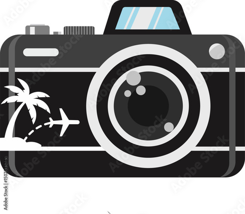 Vector photography icon of a digital camera with lens on a beach, ready to shoot your next travel picture