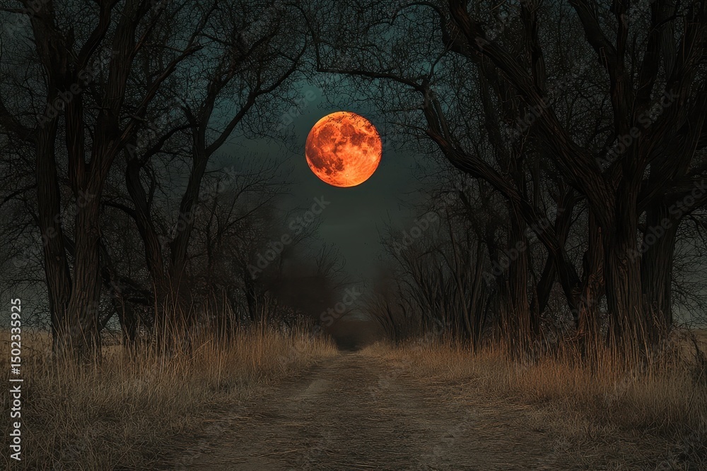Fototapeta premium Eerie landscape with trees and a red moon lighting a dark path at night, Moving Under Trees With Scary Red Moon Above