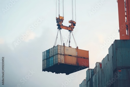 Heavy cargo crane lifting shipping container over dockside equipment