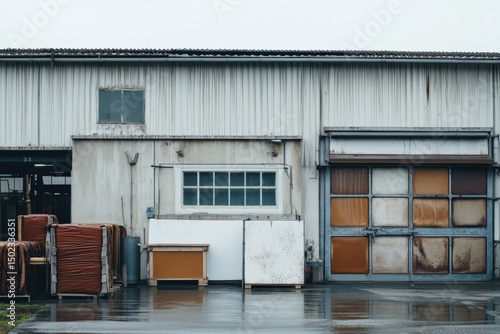 Industrial warehouse exterior with rolling doors and stacked materials