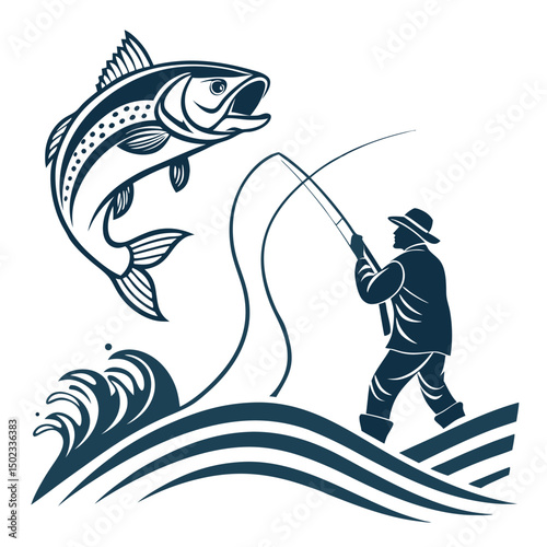 caught a big fish and fought it happily. Fly fisherman fishing. clip art black fishing on white background. Vector