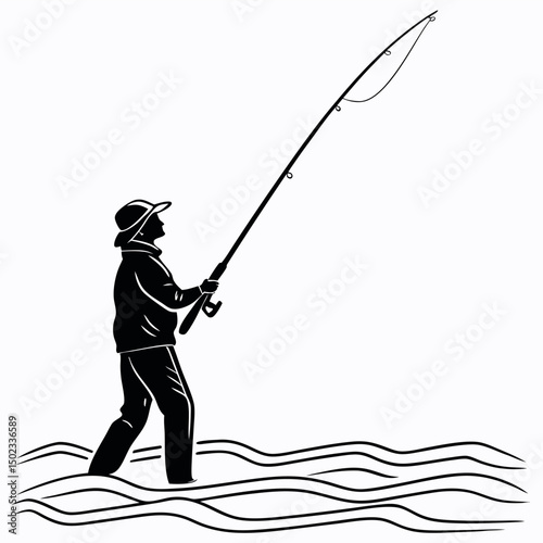 A fisherman with a catch of fish. Fish on a hook. Fisherman in gear with fishing rod silhouette
