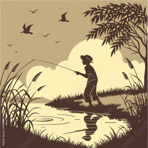 A fisherman with a catch of fish. Fish on a hook. Fisherman in gear with fishing rod silhouette