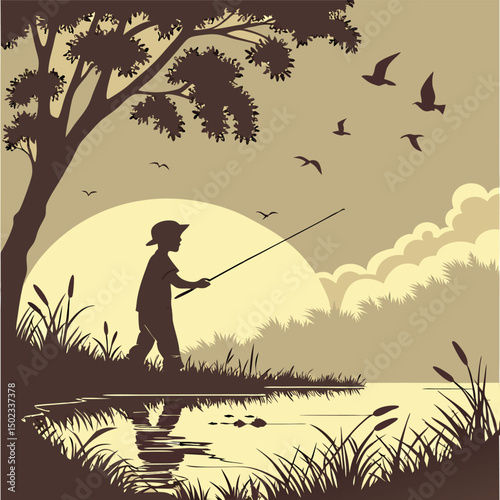 A fisherman with a catch of fish. Fish on a hook. Fisherman in gear with fishing rod silhouette