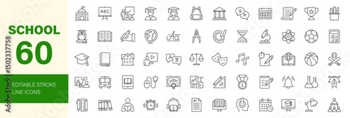 School icon set. Containing education, learning, teacher, book, E-learning, graduation, school subjects, classroom, students and more. Editable line icons. Vector illustration.
