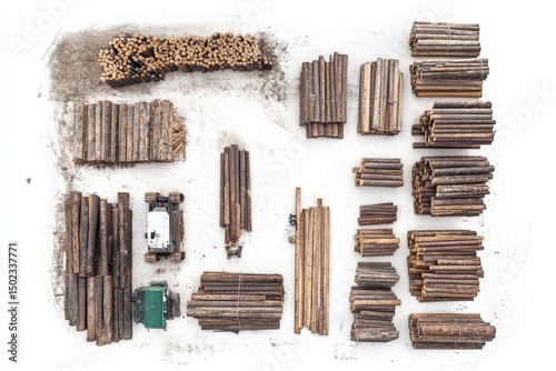 Top view of stacked wooden logs with machinery in processing area