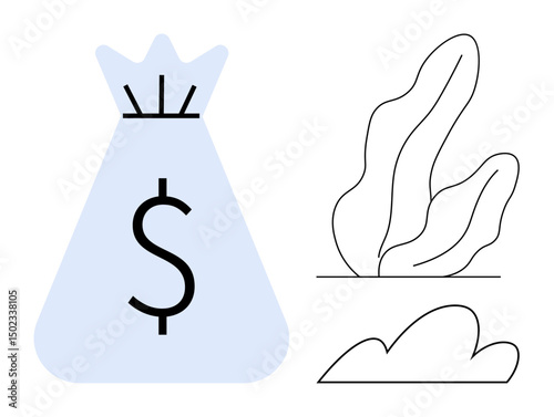 Blue money bag with dollar sign, outline of plant and cloud. Ideal for finance, savings, investments, economy, minimalistic design, nature-themed concepts, simple landing page