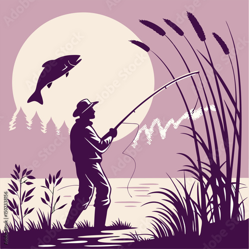 A fisherman with a catch of fish. Fish on a hook. Fisherman in gear with fishing rod silhouette